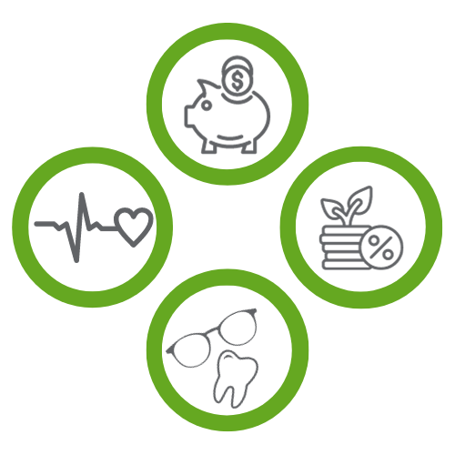 Benefits icon with illustrations of a cross, tooth, eyeglasses, and piggy bank