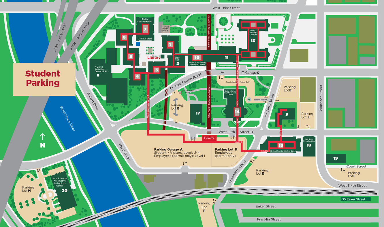 Student Parking Lots Map: Student and Visitor Parking Areas are Lot B, E, J A, K, I, M, and F. Road and Building Construction Areas are on West 4th Street, West 5th Street, Building 10, and the plaza outside area by the Library. Follow Green Arrows to Student Garage A Rear Entrance to avoid the 4th and 5th street construction one lane roads.