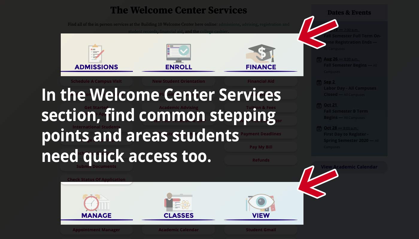 In the Welcome Center Services
section, find common stepping points and areas students need quick access too.