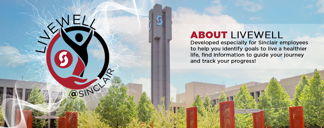 Decorative image with text: "About Livewell - Developed especially for Sinclair employees to help you identify goals to live a healthier life, find information to guide your journey, and track your progress!"