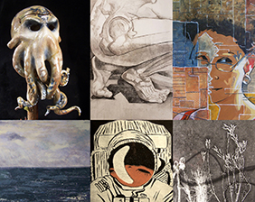 A collage of student exhibition winners including an angry sea squid monster, a crouching figure with bone anatomy showing , an abstracted woman’s face, a sea landscape, a astronaut print, and a floral photogram