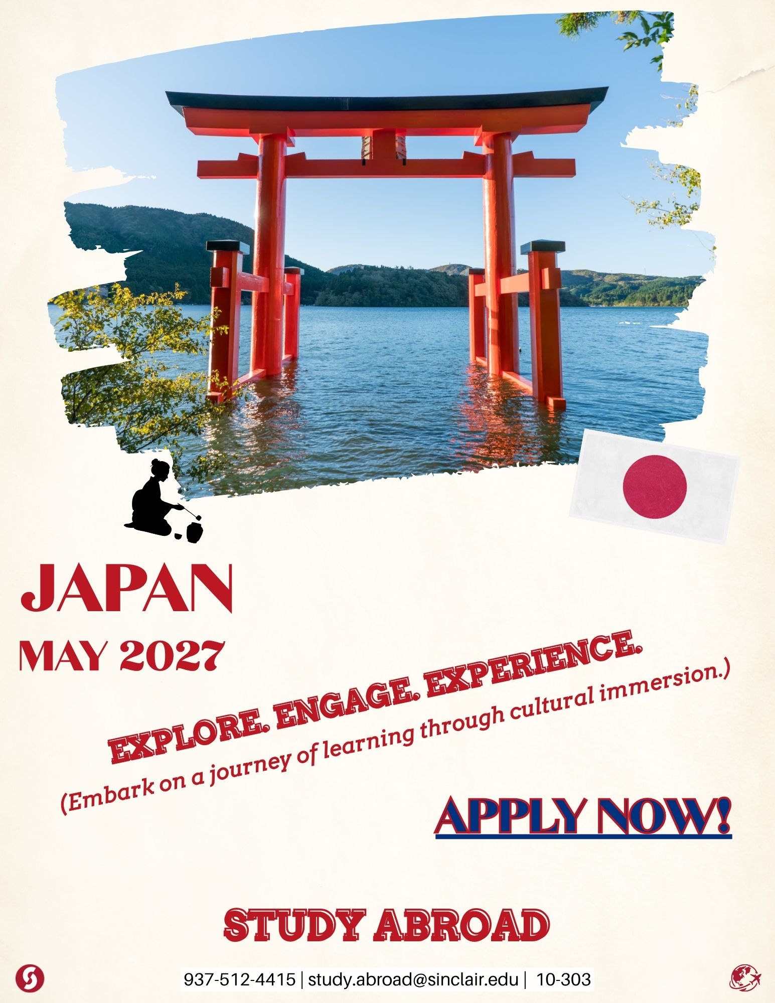 Promotional image for Sinclair’s May 2026 Study Abroad trip to Japan. Text reads: ‘May 2026 – Japan – Culture, Communication & Collaboration.’ Background shows the Itsukushima Shrine over the water, with smaller photos of students wearing kimonos, visiting cultural sites, practicing traditional crafts, and participating in a tea ceremony.