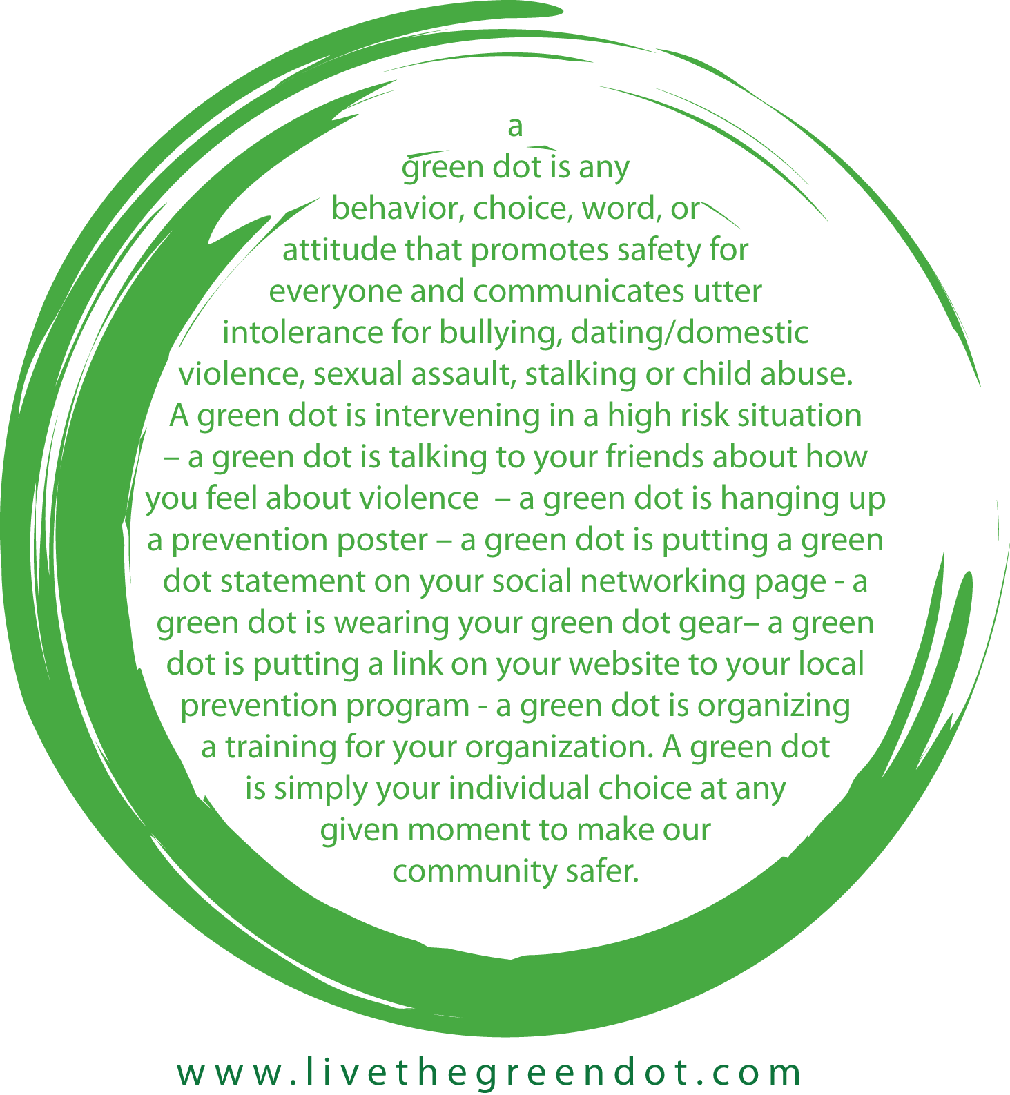 Green dot with examples. A green dot is any behavior, choice, word, or attitude that promotes safety for everyone and communicates utter intolerance for bullying, dating/domestic violence, sexual assault, stalking or child abuse. A green dot is intervening in a high risk situation – a green dot is talking to your friends about how you feel about violence – a green dot is hanging up a prevention poster – a green dot is putting a green dot statement on your social networking page – a green dot is wearing your green dot gear – a green dot is putting a link on your website to your local prevention program – a green dot is organizing a training for your organization. A green dot is simply your individual choice at any given moment to make our community safer.