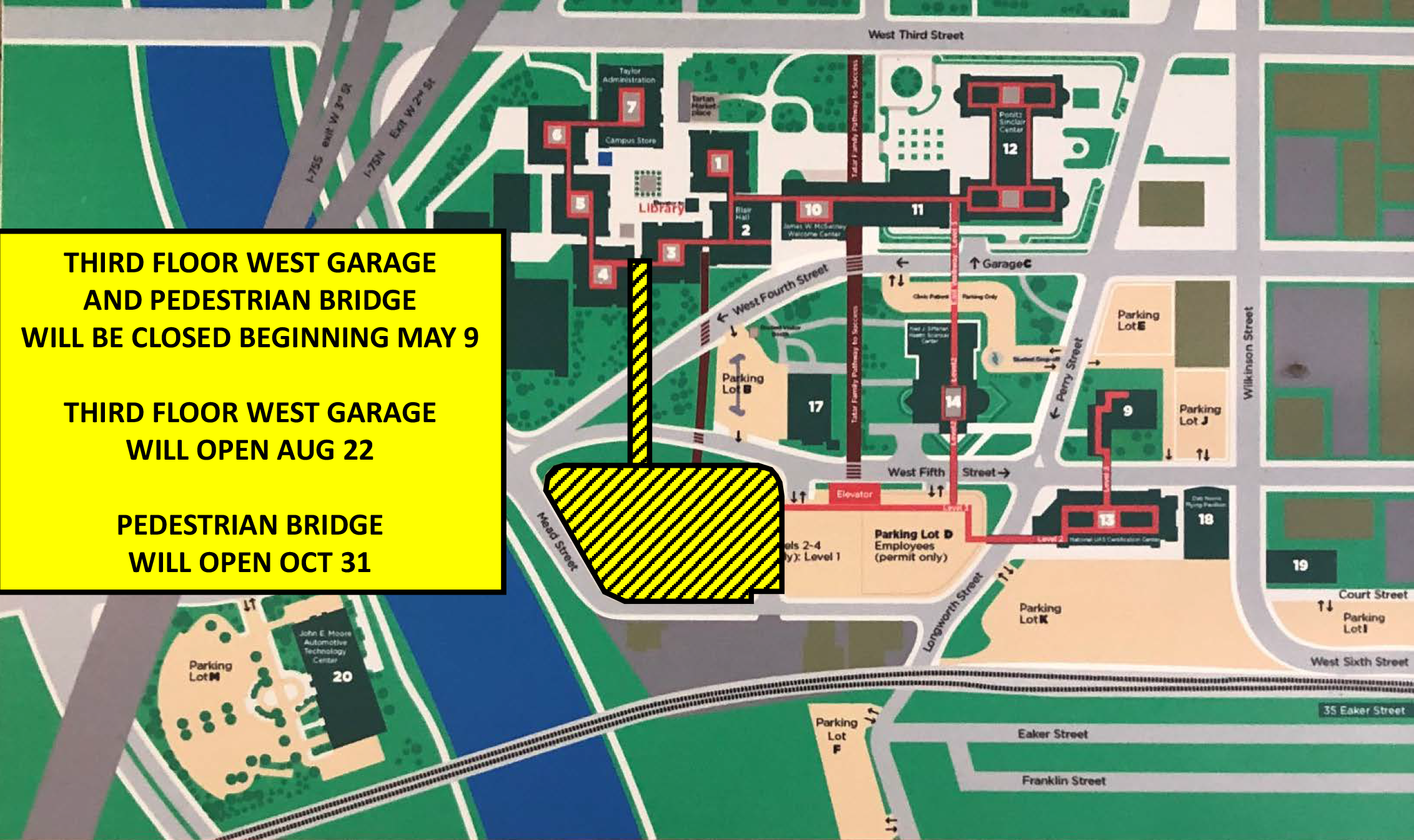 Student Parking Lots Map: Student and Visitor Parking Areas are Lot B, E, J A, K, I, M, and F. Road and Building Construction Areas are on West 4th Street, West 5th Street, Building 10, and the plaza outside area by the Library. Follow Green Arrows to Student Garage A Rear Entrance to avoid the 4th and 5th street construction one lane roads.