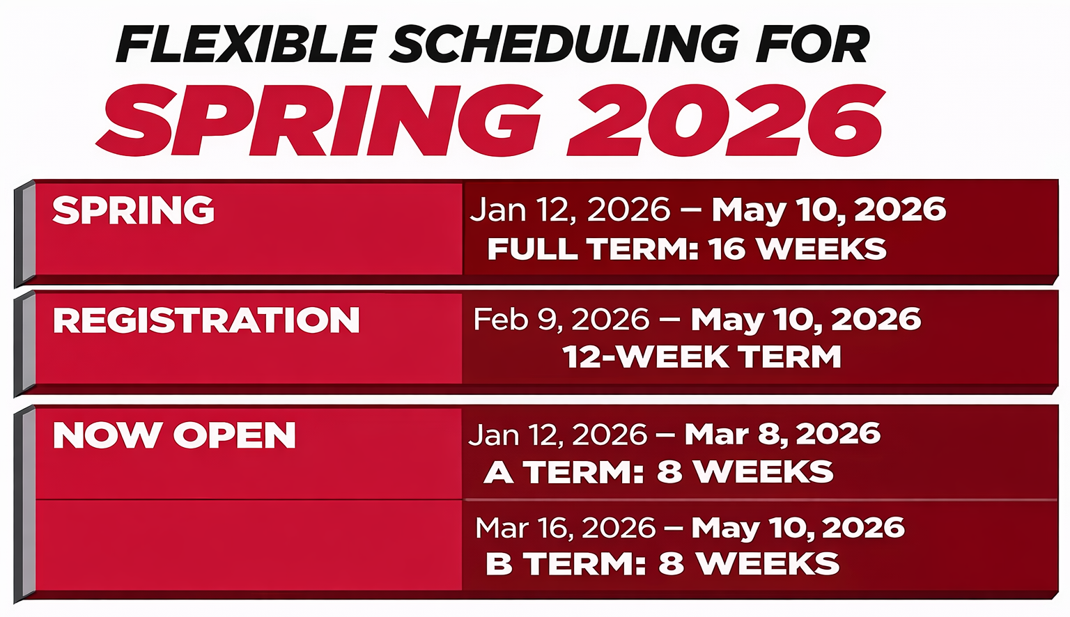 Spring 2026 Full Term classes begin on January 12, 2026 and end on May 10, 2026 lasting 16-weeks total.