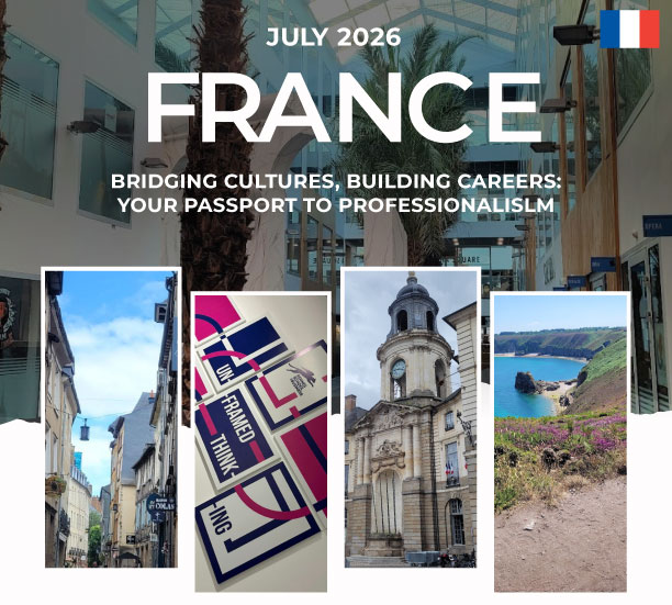 Promotional image for Sinclair’s July 2026 Study Abroad trip to France. Text reads: ‘July 2026 – France – Bridging Cultures, Building Careers: Your Passport to Professionalism.’ Background shows a modern glass-roofed street scene, with smaller photos of a French cityscape, design and branding materials, historic architecture, and a coastal landscape.