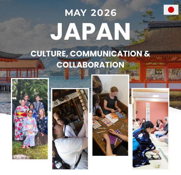 Promotional image for Sinclair’s May 2026 Study Abroad trip to Japan. Text reads: ‘May 2026 – Japan – Culture, Communication & Collaboration.’ Background shows the Itsukushima Shrine over the water, with smaller photos of students wearing kimonos, visiting cultural sites, practicing traditional crafts, and participating in a tea ceremony.