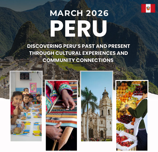 Promotional image for Sinclair’s March 2026 Study Abroad trip to Peru. Text reads: ‘March 2026 – Peru – Discovering Peru’s past and present through cultural experiences and community connections.’ Background shows Machu Picchu with smaller photos of Peruvian children in a classroom, colorful woven textiles, colonial architecture, and a fruit market.