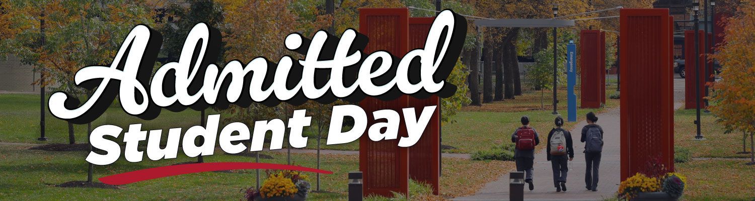 "Admitted Student Day" text over an image of Sinclair campus; grass, trees and a sidewalk with 3 students walking.