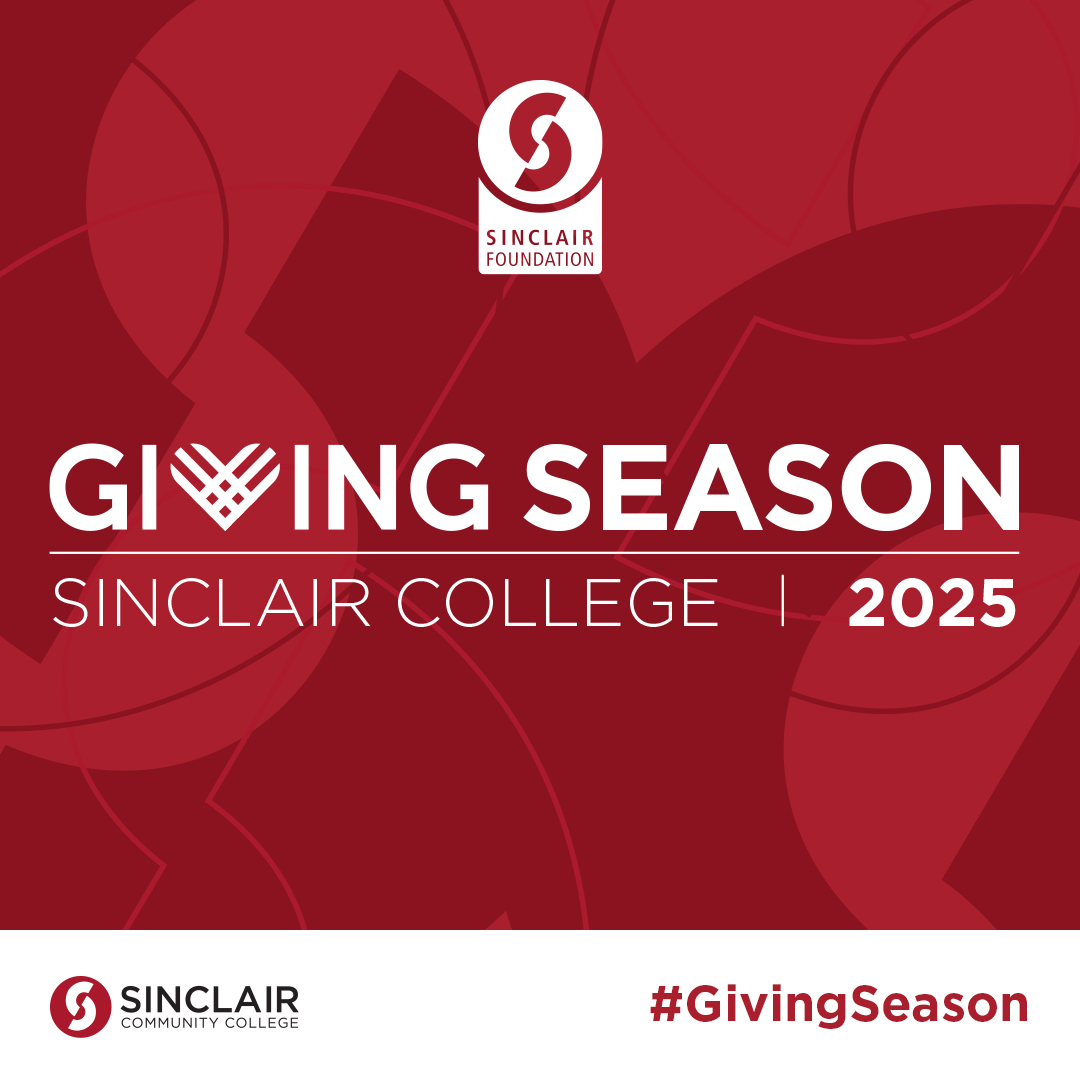 red background pattern with white text over top that says Giving Season Sinclair College 2025 with both the Sinclair College and Sinclair Foundation logos