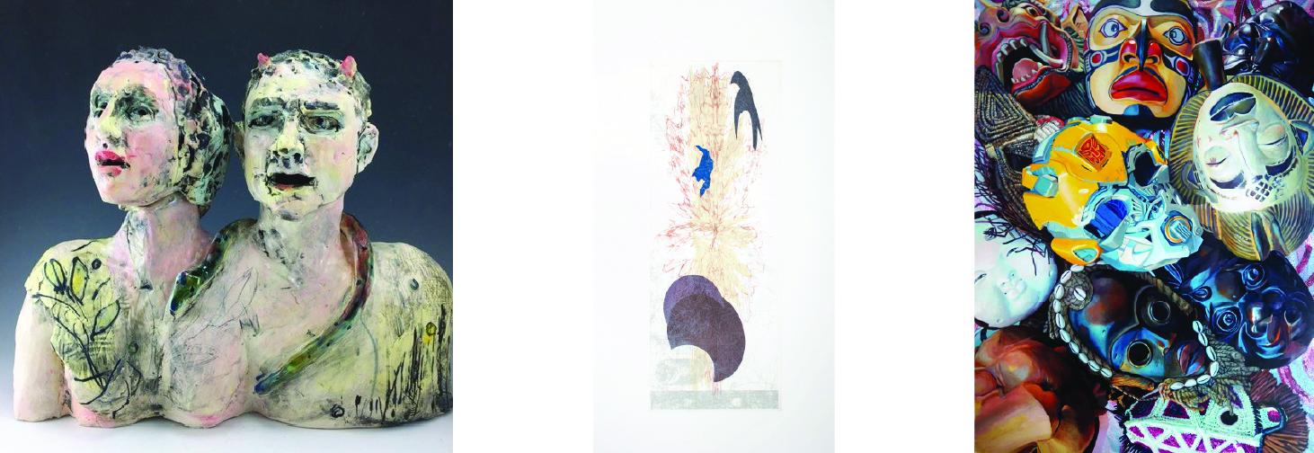 An image showing artwork by Sandra Aska, Andy Holliday, and Paul Rienzo. On the left, a clay sculpture of two figures, Adam and Eve. Thye are shown connected, their shoulders blended into the other and from the bust up. A snake is draped around Adam’s neck. There is mark making on the forms and a loose, expressionistic feel to the work. Adam has two, small red horns. In the middle, a print by Andy Holliday. It’s a non-representational work that has large organic shapes and a star-burst-like shape that takes up most of the work. The lines are sketchy and there is a lot of depth with differing values and overlap of images. The colors are mostly muted except for a brighter blue shape in the upper half. On the right, a photo-realistic painting by Paul Rienzo of a collection of masks. Fairly centrally located is a transformer mask that is eye catching with its yellow details. There are masks from around the world: Balinese, Japanese, Panamanian, Punu Tribe, Mexican, and Wounaan. They are in all orientations and collaged together on top of a sequenced background.