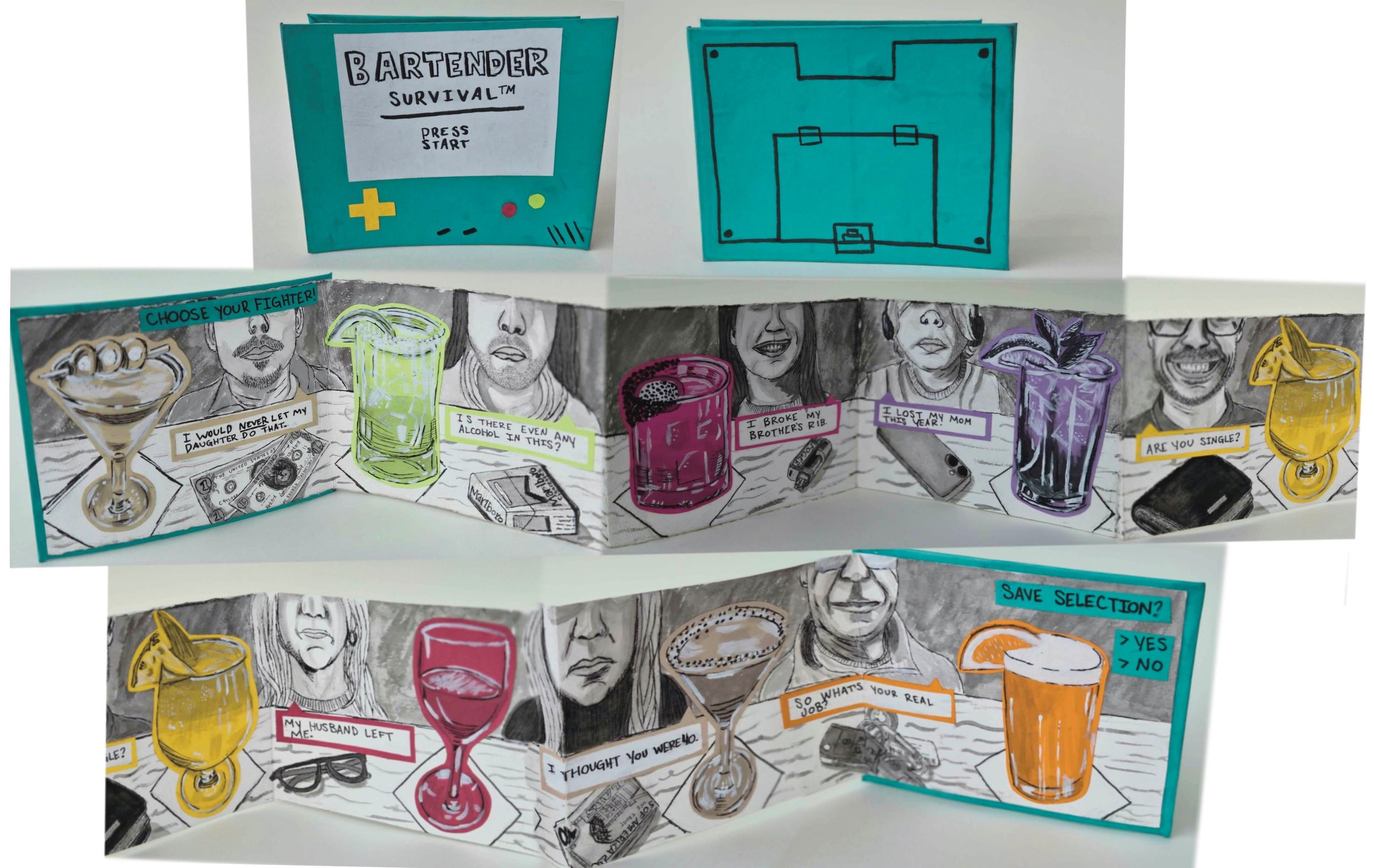 An accordion style book, the covers are teal with a tech look of buttons and screws on panels. The inside is different colored cocktails with graphite drawings of people behind them, the top half of their faces are cut off by the pages edge. 