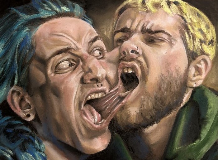 A surreal, realistically depicted image of two male faces connected at the flesh of their cheeks and mouths screaming at each other. The figure on the left has bright blue hair and the bearded figure on the right has bright yellow hair and a green hoodie.