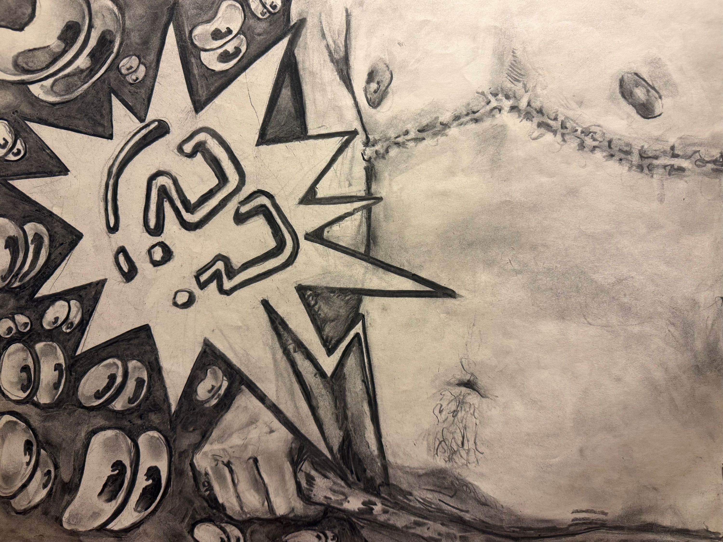 An image of a shirtless individual, their top surgery scars are prevalent. They are pulling out their waistband and an cartoon exclamation and question marks are coming out from the pants. Cartoon eyes are looking at the pulled pants waistband in surprise.