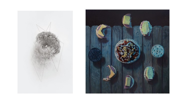 A graphite drawing on white paper by Haley Prestifilippo. It depicts a crochet doily that appears to be dissolving on its bottom left. There are two geometric triangles that move through the piece made of the artist’s hair. There is a lot of margin around the central image.   A square painting by Jason Cytacki. It depicts a privacy fence with a dark sky beyond it. In front of that is a small pizza orbited by 8 cheese and meat crackers with different sized bits taken out of them similar to moon phases. The full moon is a plain cracker and the new moon is an Oreo-type cookie. 