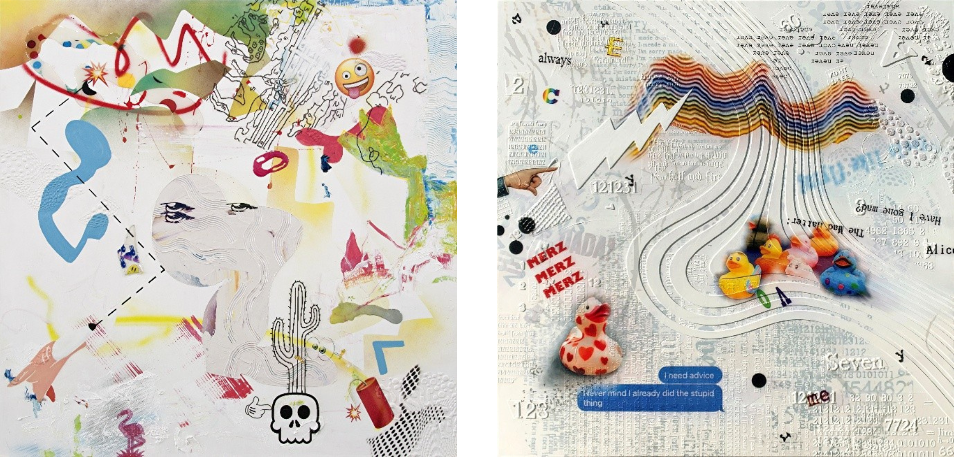 Darren Haper, “I Don't Want to be Crazy,” Mixed Media Painting, 45 x 45 in.  John Sousa, “Feels Like Flying,” Mixed Media Painting, 45 x 45 in.