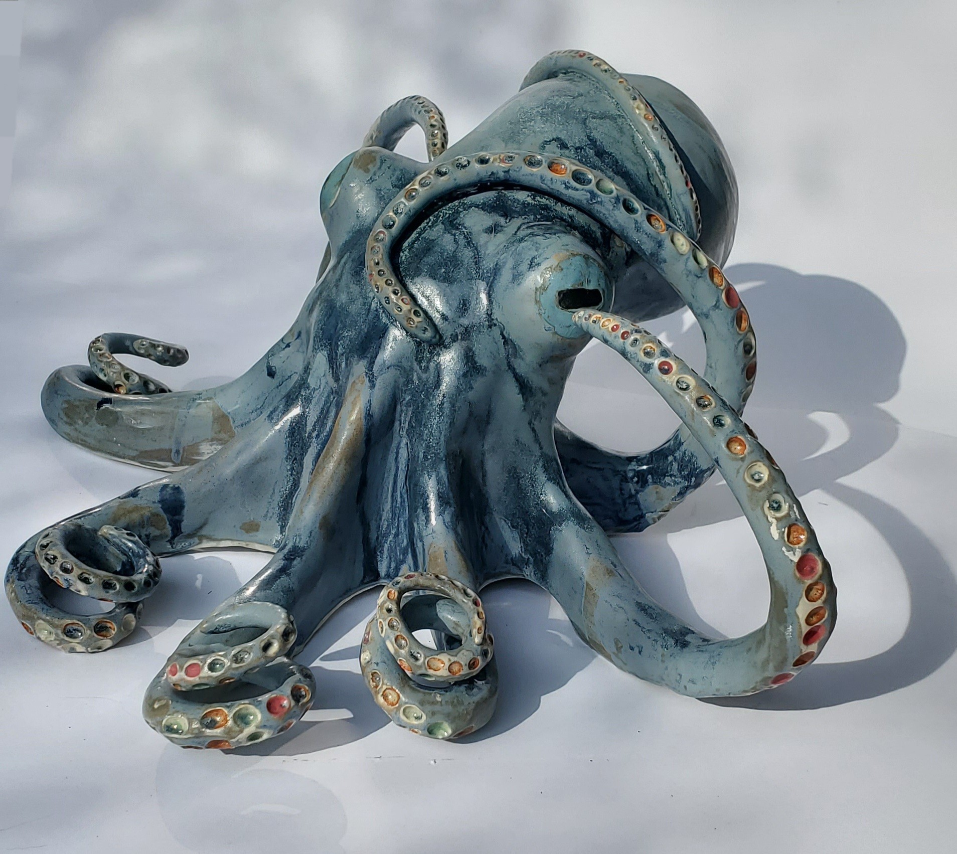 A light blue octopus with dark blue, gray, and white splotches. The suckers are different colors of the rainbow. Four of the tentacles are wrapped tightly as if to grasp something while the other four are in different positions.