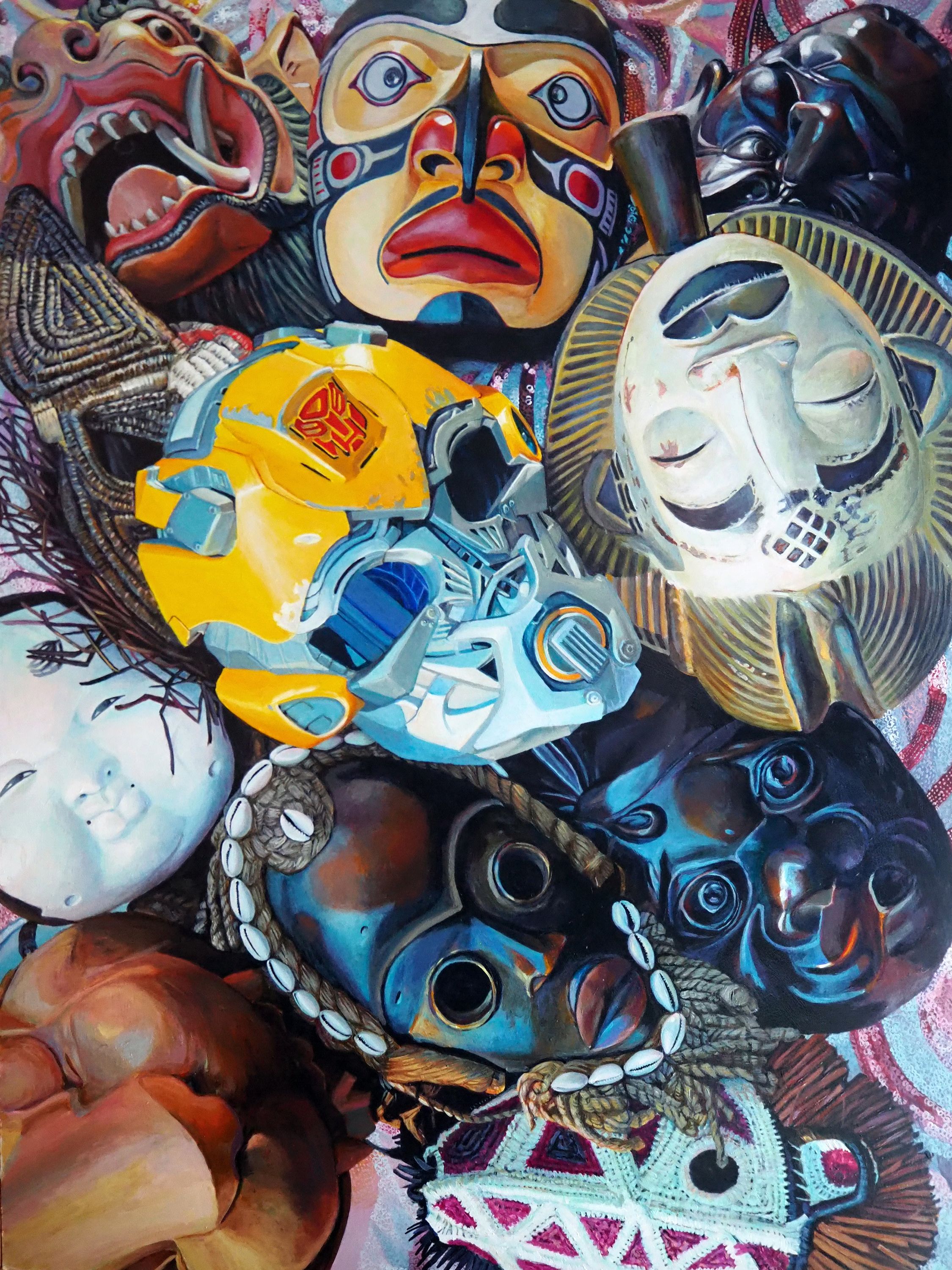A photo-realistic painting by Paul Rienzo of a collection of masks. Fairly centrally located is a transformer mask that is eye catching with its yellow details. There are masks from around the world: Balinese, Japanese, Panamanian, Punu Tribe, Mexican, and Wounaan. They are in all orientations and collaged together on top of a sequenced background.  A clay sculpture of two figures, Adam and Eve. Thye are shown connected, their shoulders blended into the other and from the bust up. A snake is draped around Adam’s neck. There is mark making on the forms and a loose, expressionistic feel to the work. Adam has two, small red horns. 