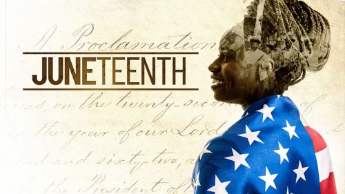 Image about Juneteenth, Woman wrapped in the American Flag