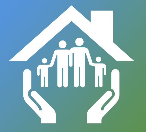 Family inside of a house icon with hands holding it