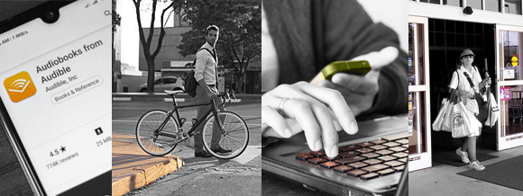 Four images in a row showing in black and white highlighting in color the accessible design: a cellphone with the audiobook application loaded to play, a man crossing the street using a sidwalk corner curb, a person holding a cellphone while typing on a keyboard, a lady with both arms full of groceries walk through automatic doors exiting the store.