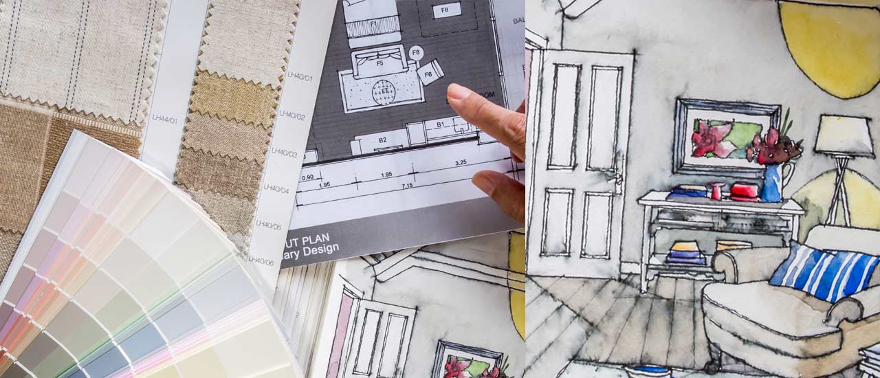 A table top covered in designing swatch materials for fabric and wall paint. A watercolor sketch of a living room.